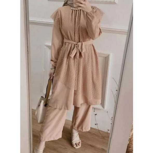 Set setelan tunik dan celana, tunik model brukat tile dot baju model terbaru real pict