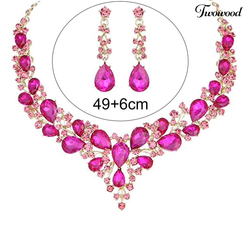 Twowood Alloy Wedding Jewelry Set Hollow Out Lightweight Shiny Rhinestone Necklace Earring Set for Banquet