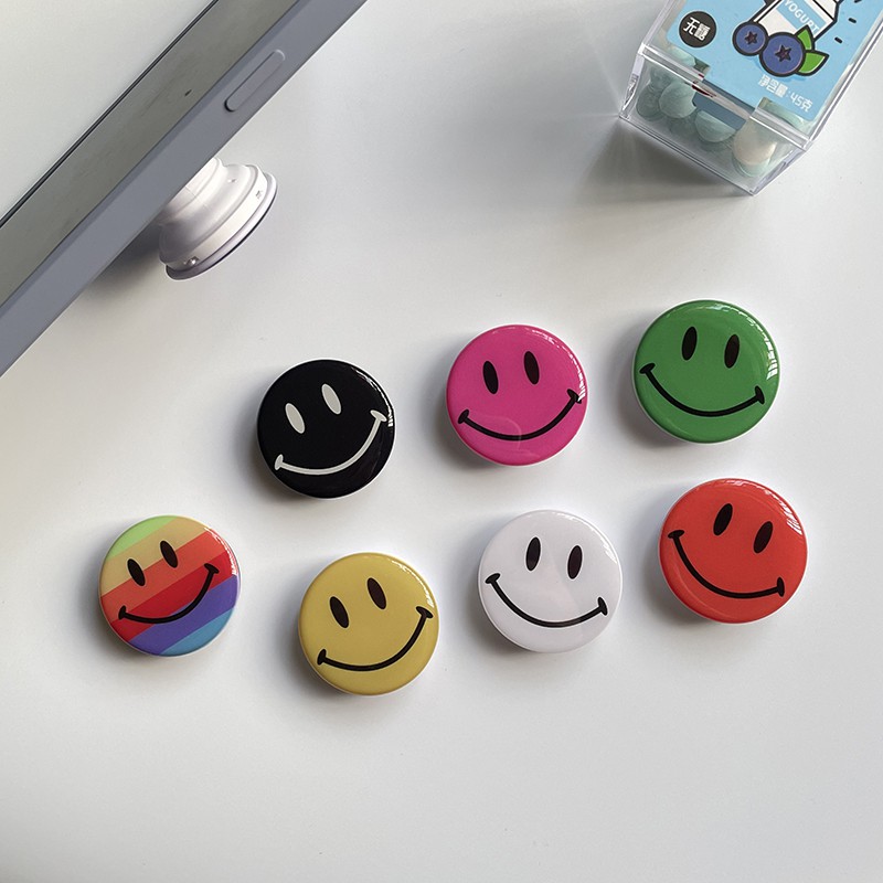 Popsocket Hp Bentuk Bulat Motif Smiley Face Warna Pelangi