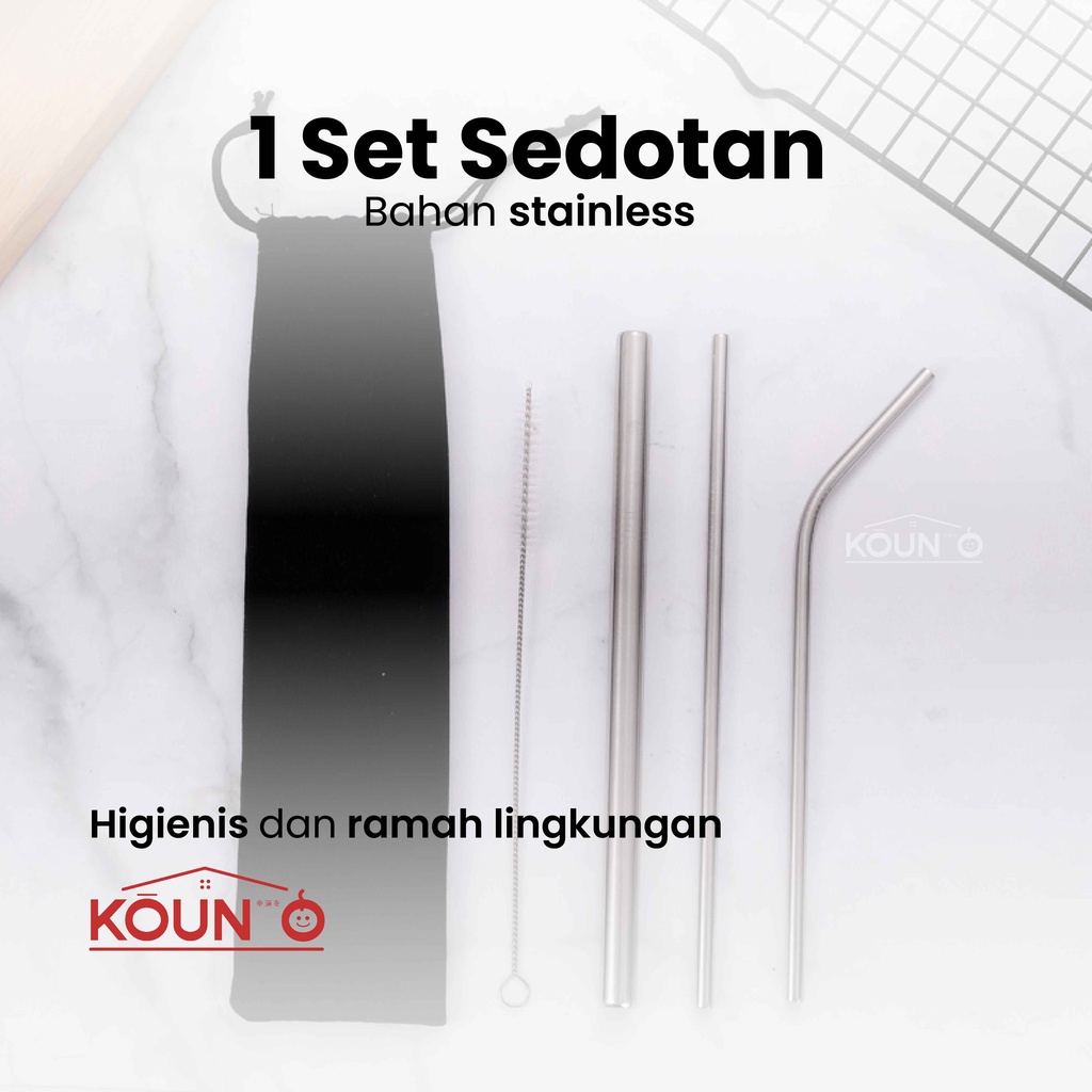 Sedotan Stainless Set 5 in 1 Sedotan Stenlis Steel Food Grade Reusable Straw Set Silver With Pouch