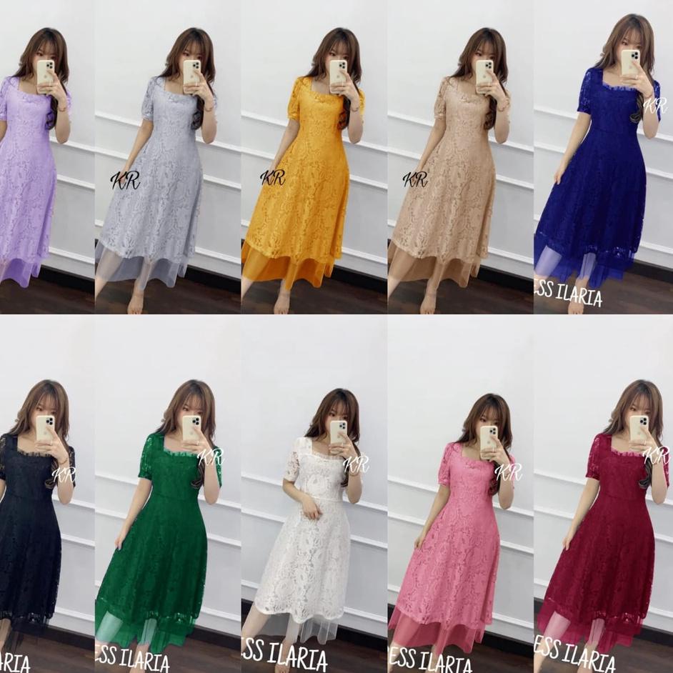 ✥ DRESS ILARIA BRUKAT TILE DRESS BRUKAT NATAL PREMIUM GAUN PESTA WEDDING DRESS BRUKAT JUMBO WARNA PU