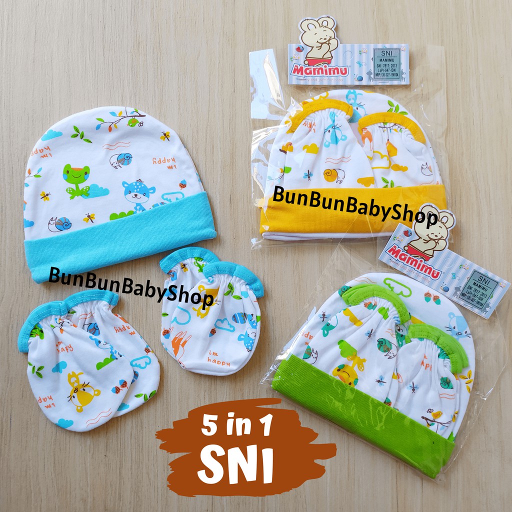 SNI 5 in 1 Set Topi Sarung Tangan Kaki Bayi Unisex Lucu Perlengkapan Baby Baru Lahir New born Murah