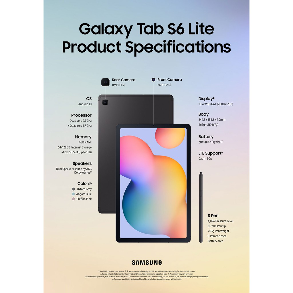 Samsung Galaxy Tab S6 Lite 2022 Garansi Resmi SEIN S-Pen Stylus Keyboard 4/128GB Wifi+LTE 128 GB ROM 4GB RAM 10.4 Inch Tablet Android 13 Snapdragon 720G P619 Cellular 4G USB Type-C Fast charging Original Free Bonus Bundling Buds Live