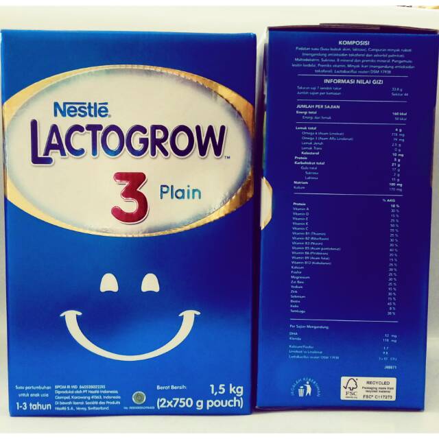 Lactogrow 3 plain 1500g (2×750 g pouch) Susu rasa plain ut anak usia 1-3 tahun kemasan hemat