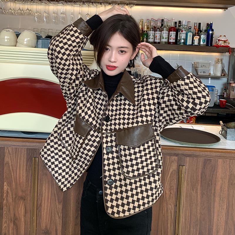 jaket korean style wanita coat retro french houndstooth jahitan atasan lengan pendek tebal menebal