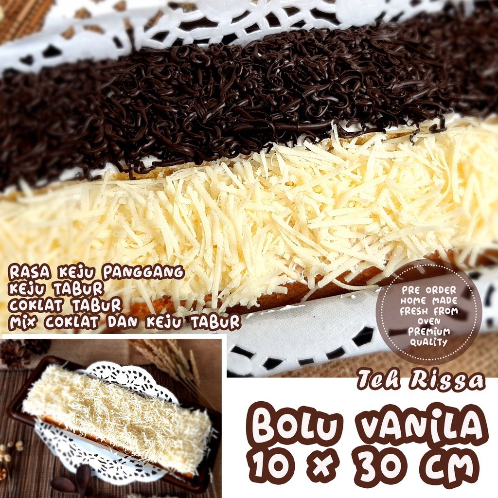 

Kue Bolu Vanila panggang Topping Keju tabur atau panggang ukuran 30 x 10 Cm