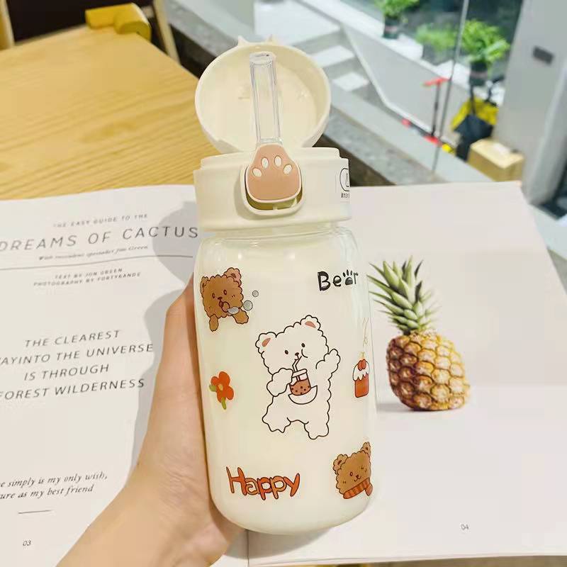 Botol Air Minum portable Transparan Anti Bocor 480ml Dengan Sedotan + Stiker Kartun Untuk Pelajar