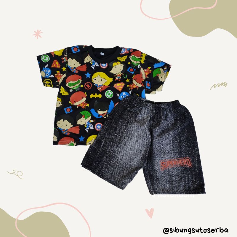 2-3 TAHUN STELAN HITAM ANAK LAKI-LAKI SUPERHERO BAJU ANAK LAKI-LAKI CELANA SEMI JEANS STELAN ANAK MU