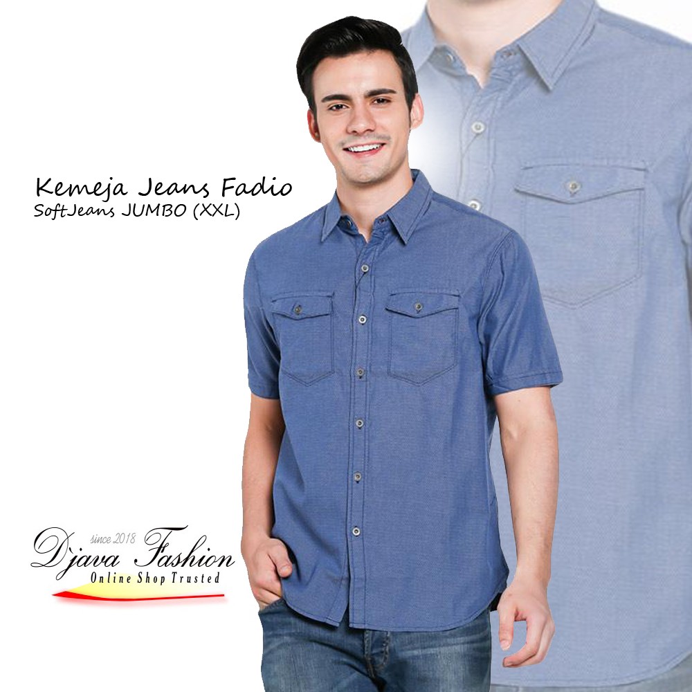 Kemeja Jeans Pendek Lengan Pendek Pria Biru Muda - Soft dan Nyaman untuk Ukuran JUMBO