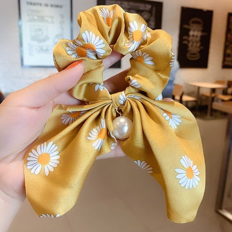 Ikat Rambut with pearl mutiara Scrunchie Daisy Satin Mutiara Silk Pony Tail-Mustard