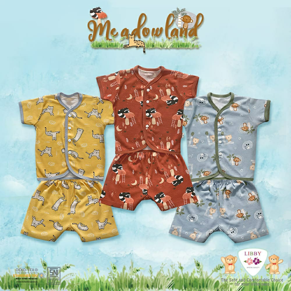 Libby Stelan Baju &amp; Celana Pendek Kancing Depan Meadow Land Series (Satu Set Isi 3Pcs)