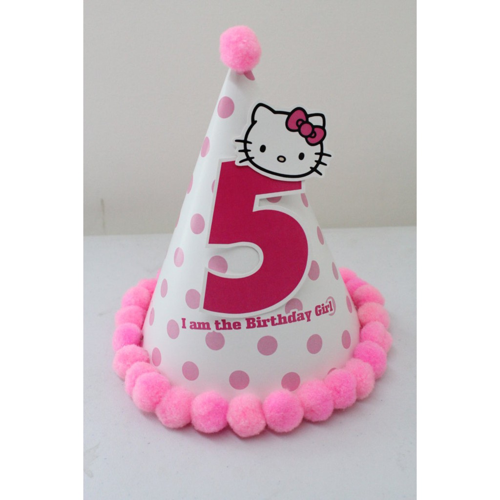 topi ulang tahun hello kitty / topi ultah hello kitty / topi kerucut hello kitty custom