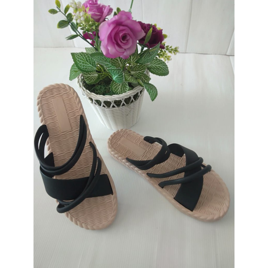 gof PUFFY Import TALI ROTAN TIDAK LENGKET Sepatu Sandal Wanita Teplek Sepatu Sandal Cewek Flat J