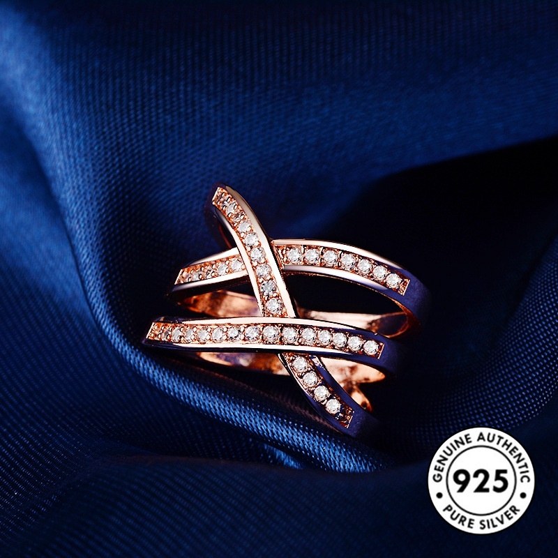 Cincin Sterling Silver 925 Model Kepang Warna Rose Gold Dengan Berlian Imitasi Untuk Wanita