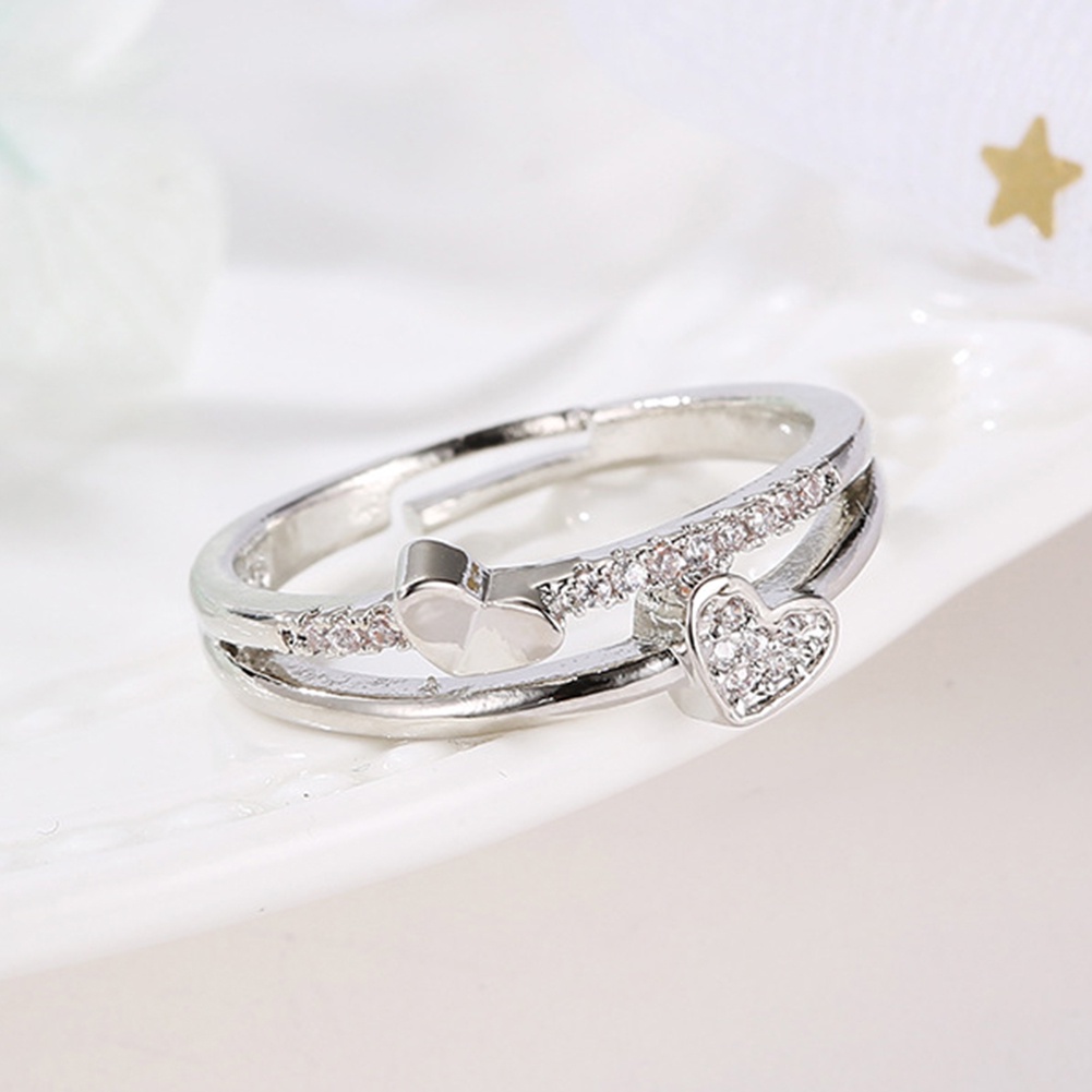 Hu Hu Hu Hu Hu Alat Bantu Pasang Kacamata♡ Cincin Model Terbuka Desain Hati Ganda Hollow Hias Berlian Imitasi Untuk Wanita