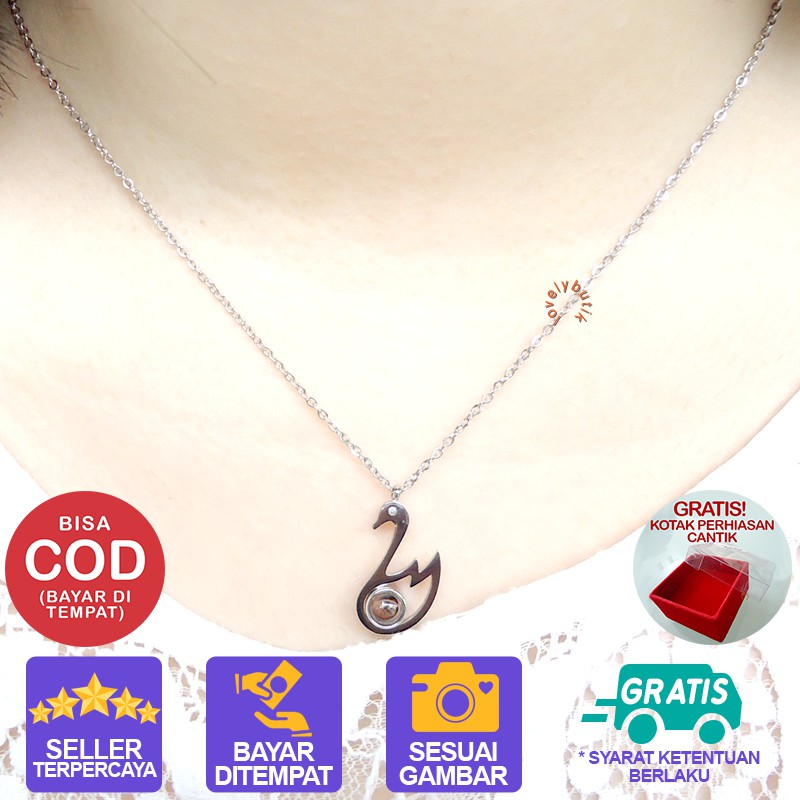 Kalung Titanium Perhiasan Anti Karat Rantai Lapis Silver Liontin Kristal Angsa Lovelybutik