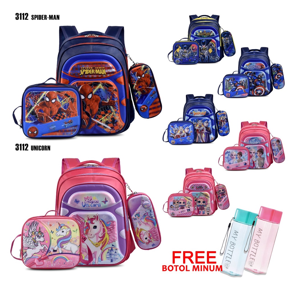 (RF) Tas Sekolah Cartoon 3112 Set 3 Tas Sekolah Selempang Ransel Anak (Free Selempang+Kotak Pensil)