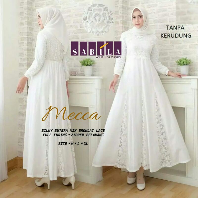 Mecca gamis putih silkt sutra mix brukat