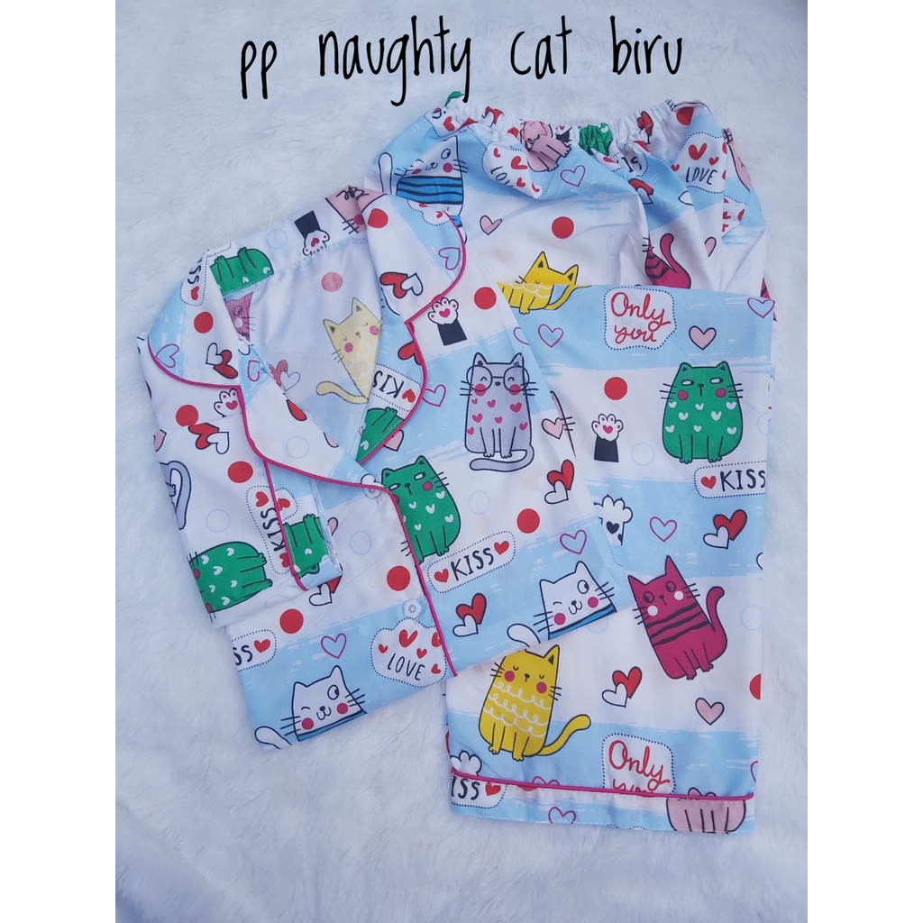 BJ-Piyama PP XXL Wanita Dewasa Murah - Baju Tidur Lengan Panjang-Naughty Cat Biru