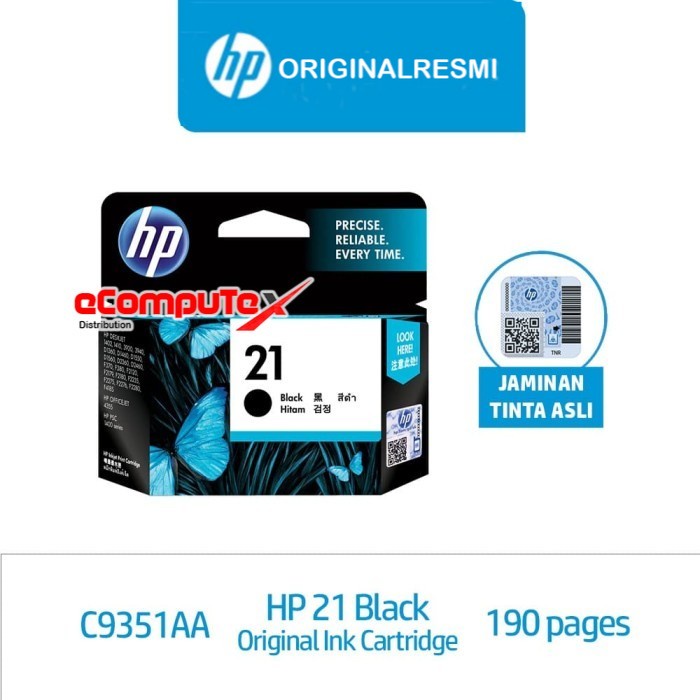 CARTRIDGE HP 21 BLACK / TINTA CATRDIGE HP21 HITAM ORIGINAL - RESMI