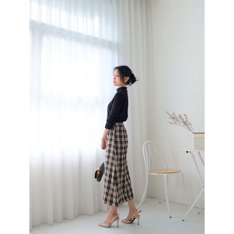 Kadaka B-0140 Skirt Tweed Midi Tartan Kotak-kotak Korea