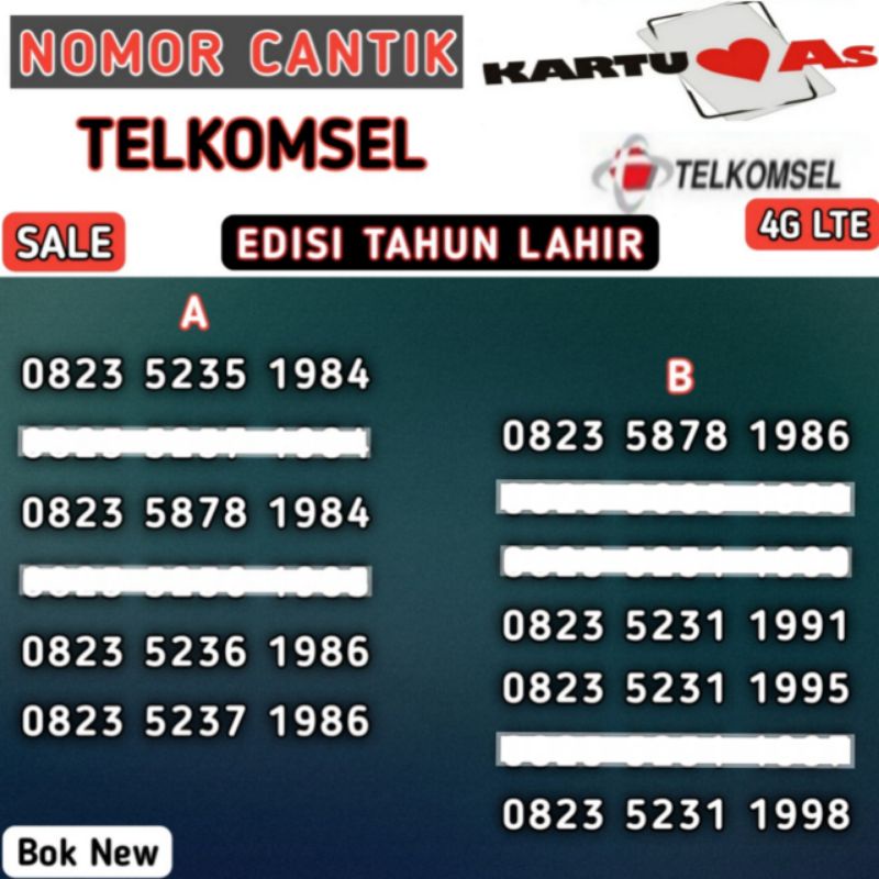 Nomor Cantik Kartu Perdana Telkomsel AS 4G LTE (Seri Tahun Lahir) 0823