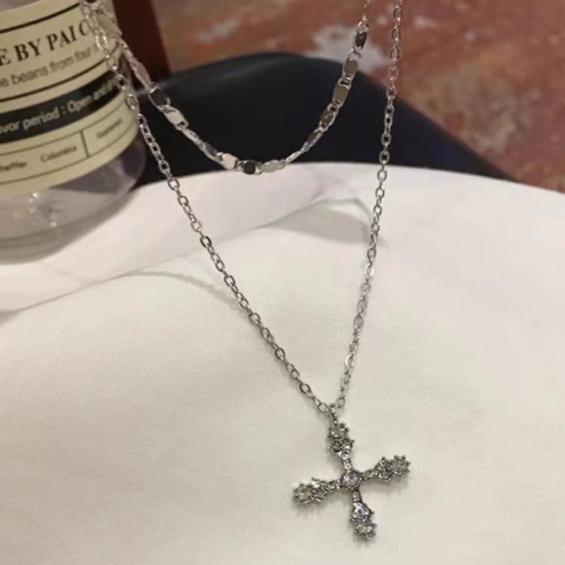 Kalung Rantai Klavikula Model double diamond cross Untuk Wanita