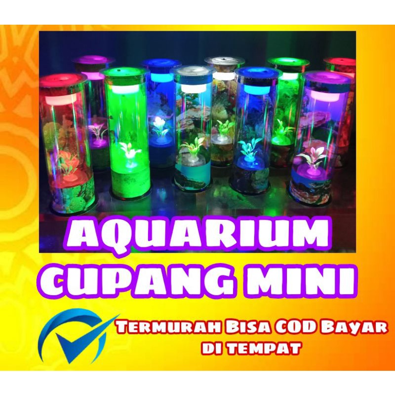 (COD) Aquarium Akuarium Mini Tabung Bulat Ikan Cupang Guppy Hias Full Hiasan Dan Lampu Led Murah