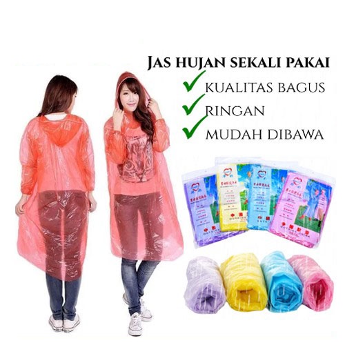 JAS HUJAN PLASTIK Sekali Pakai Poncho Rain Coat Plastic Disposable Emergency baju Lengan Darurat