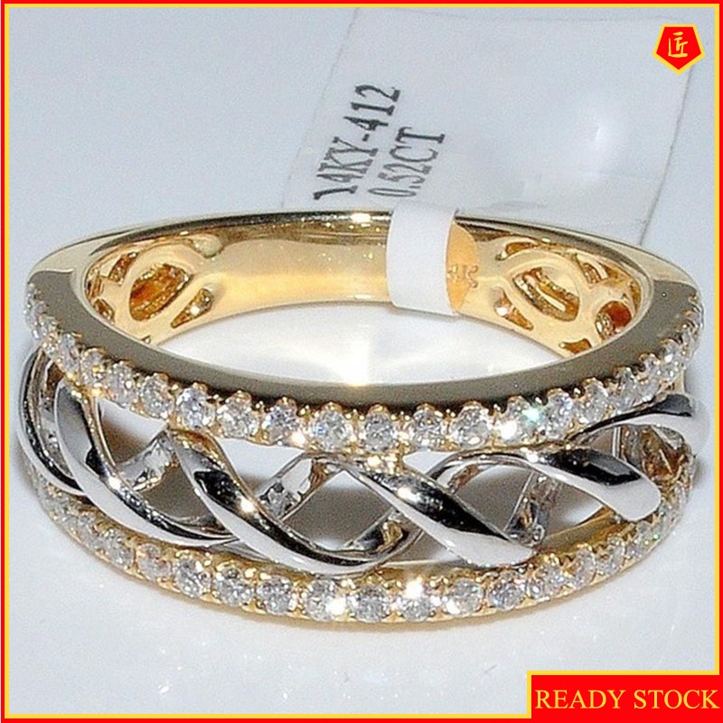 [Ready Stock]18K Gold Split Two-Tone Diamond Ring Fashion All-Match Women's