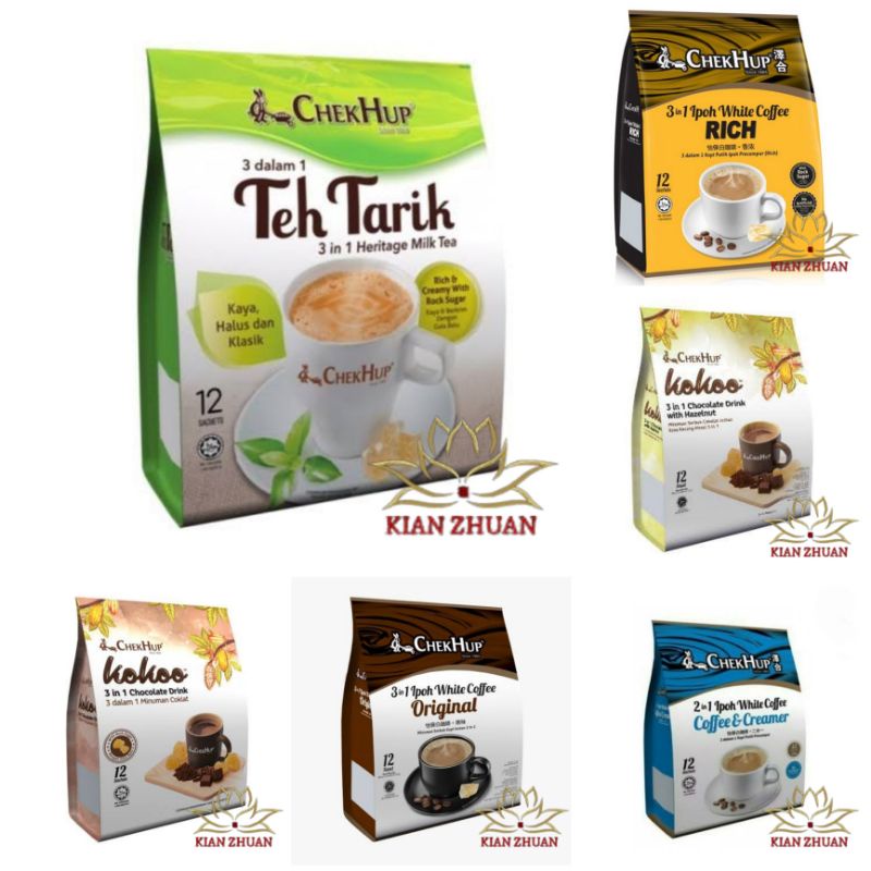 Chekhup White Coffee 2in1, 3in1, Rich / Teh Tarik / Kokoo Cokelat, Hazelnut