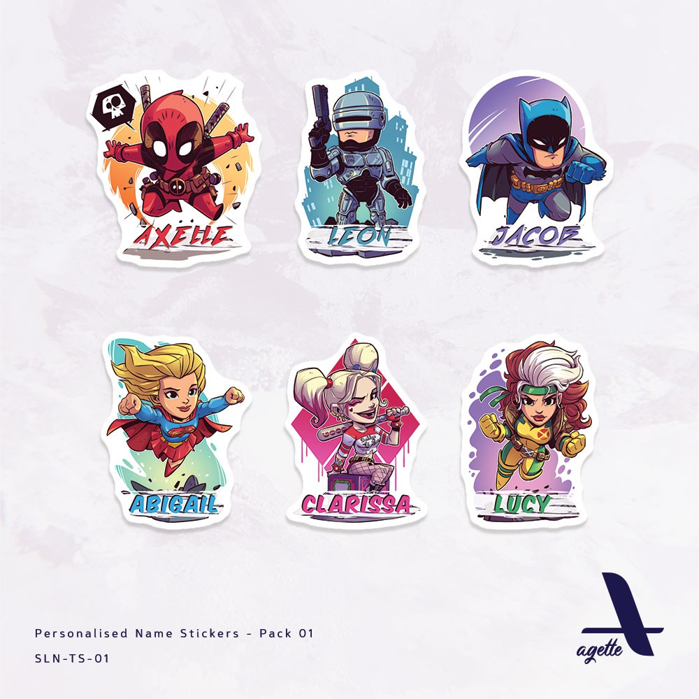 

50 PCS - Stiker Label Nama Tema Superhero - 01 - Laminasi - Waterproof