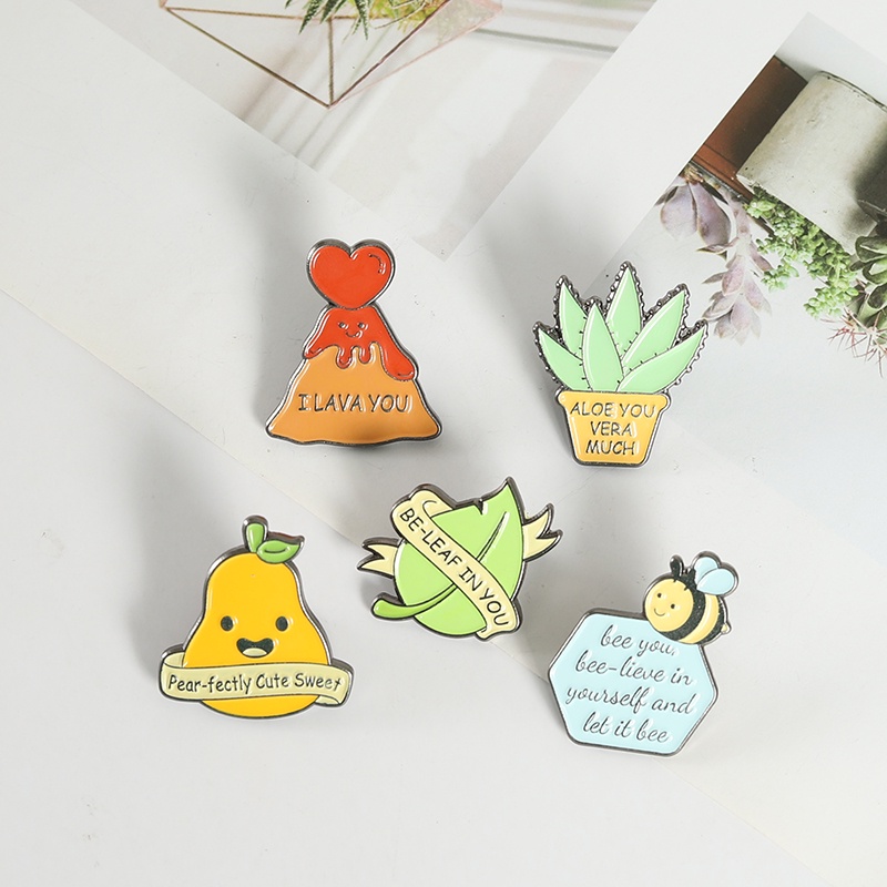 Funny Phrases Banner Enamel Pin Lava Bee Leaf Pear Aloe Brooch Badges Cartoon Plants Jewelry Gift