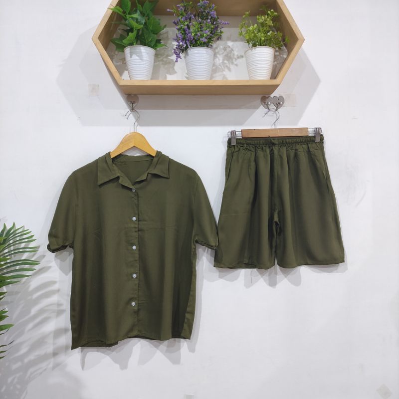 PIYAMA KANCING PENDEK | PIYAMA RAYON | BAJU TIDUR RAYON-KCB ARMY