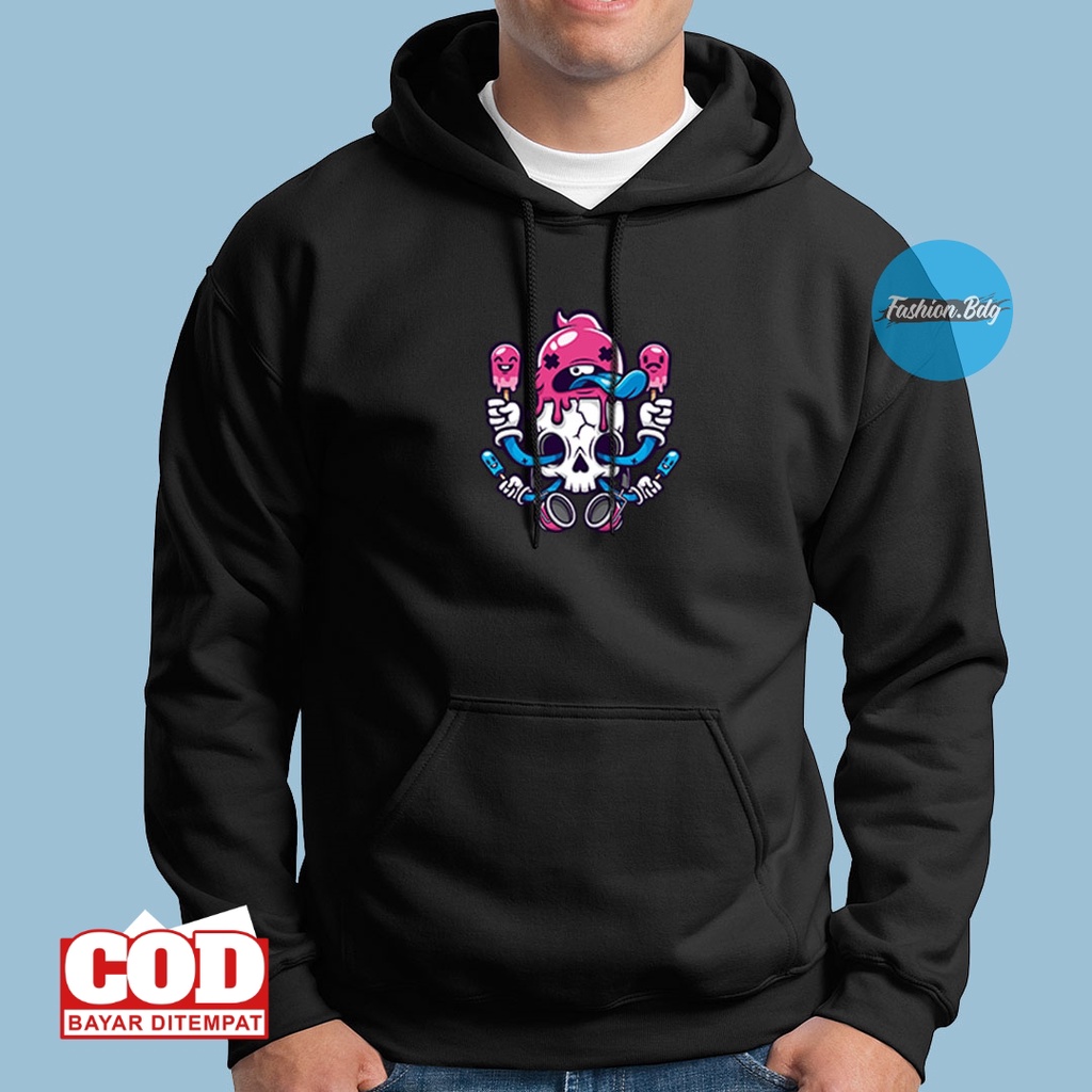 Sweater Hoodie Pria Cartoon Art Ice Cream Express Black Navy Grey Merah Putih