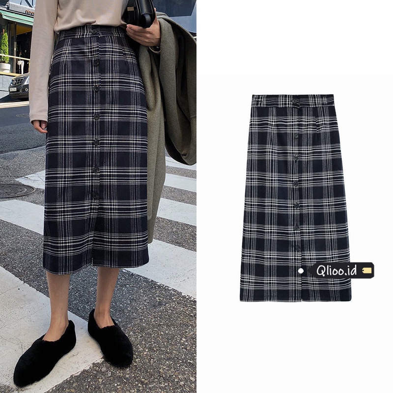 Rok Kotak-kotak High Waist Skirt Midi A-line Korean Style