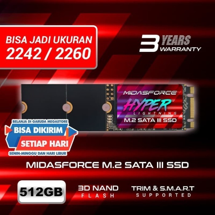 SSD M2 SATA 512GB MIDASFORCE M.2 2240 2260 2280 (Garansi RESMI 3thn)