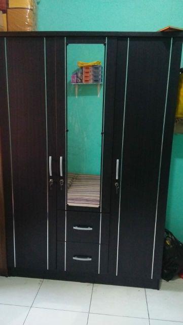 Lemari Pakaian 3 Pintu Tarik Hitam Dengan Cermin Dan Laci - Lunar Lpt 316 P