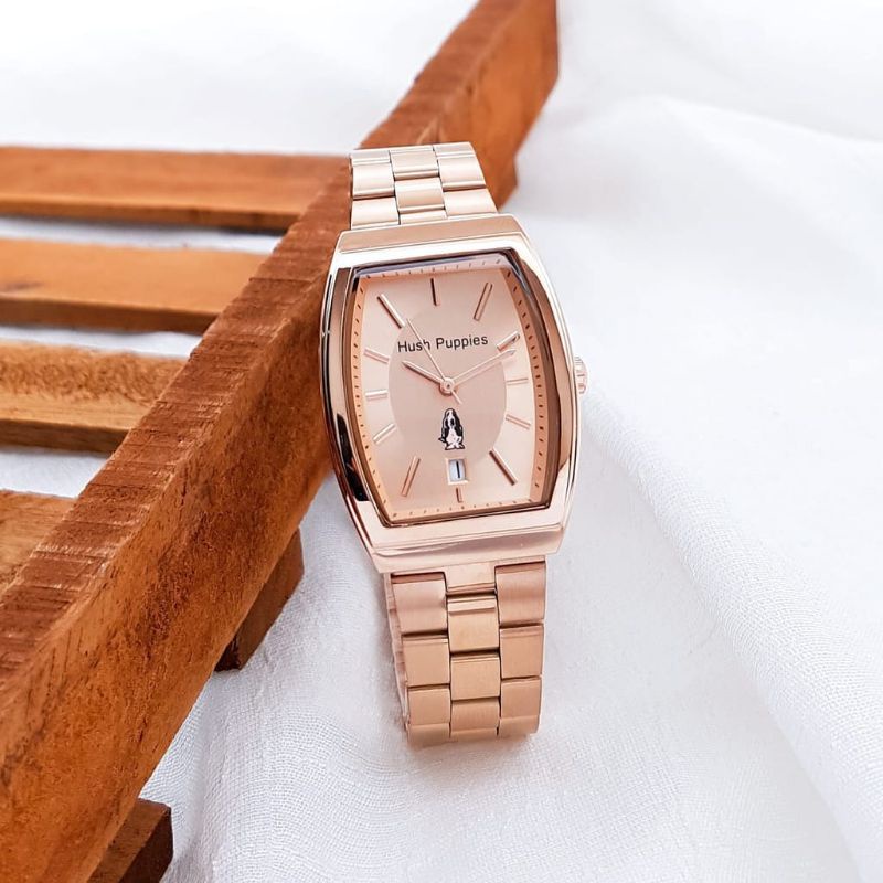 (Terima Cod)Jam Tangan Wanita Fashion Hushpuppiess Oval Model AC Tanggal Aktif Strap Rantai/Stell(Dikirim Jakarta)