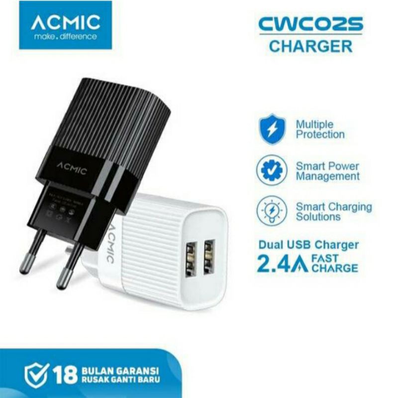 Acmic CWC02S Dual USB Wall Charger Fast Charging 2.4A