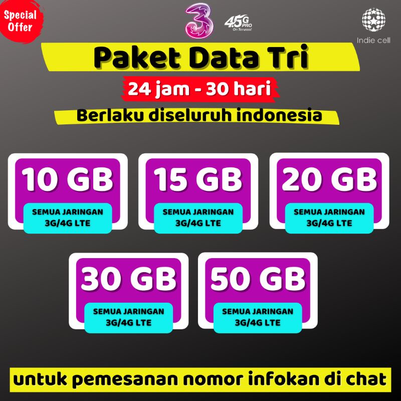 PAKET DATA TRI 10GB/15GB/20GB/30GB/50GB NASIONAL 24 JAM 30 HARI