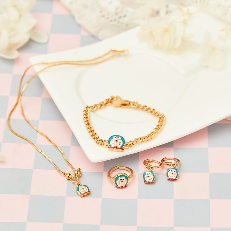 Set Perhiasan Anak Doraemon Lapis Emas 24k Set Perhiasan Anak Perempuan Titanium Anti Karat