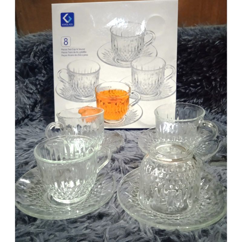 Cangkir Teh Kopi Kimglass Crystal Set 4 Gelas Tatakan Cangkir Kaca 4pcs