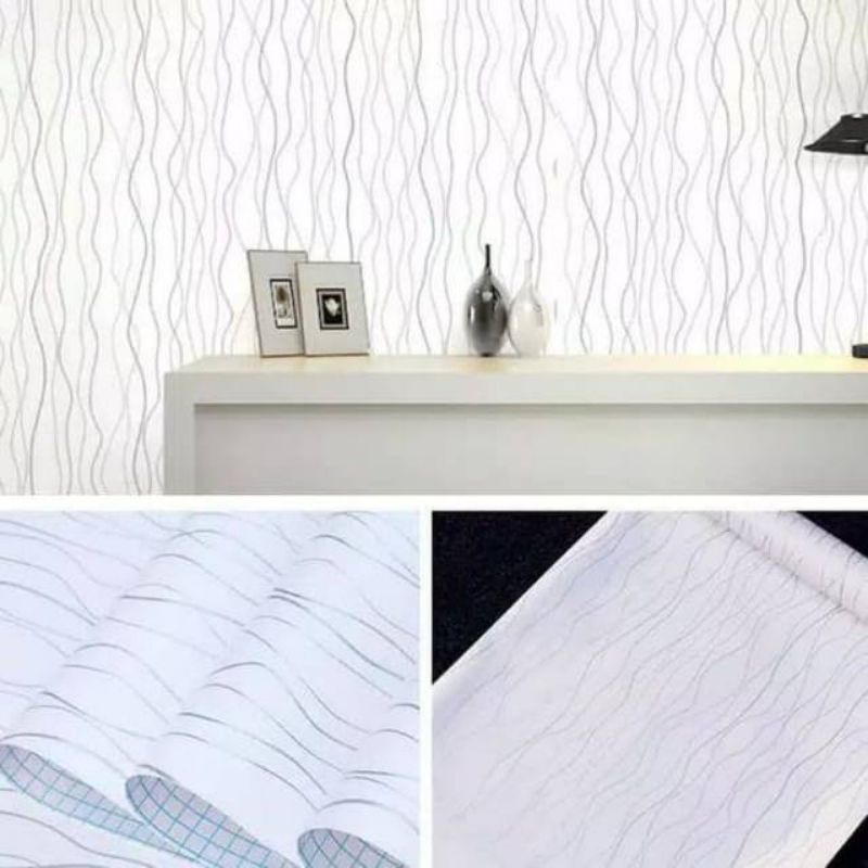 Wallpaper Sticker Dinding Putih Salur Silver Elegan Ruang Tamu Minimalis