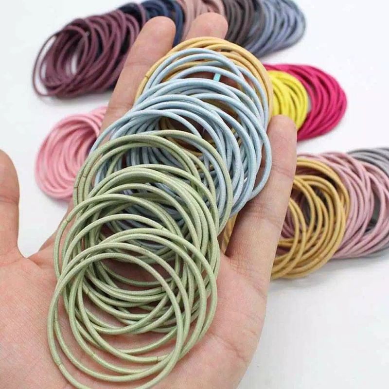 IKAT KARET RAMBUT 100PCS WARNA POLOS KOREA FREE POUCH