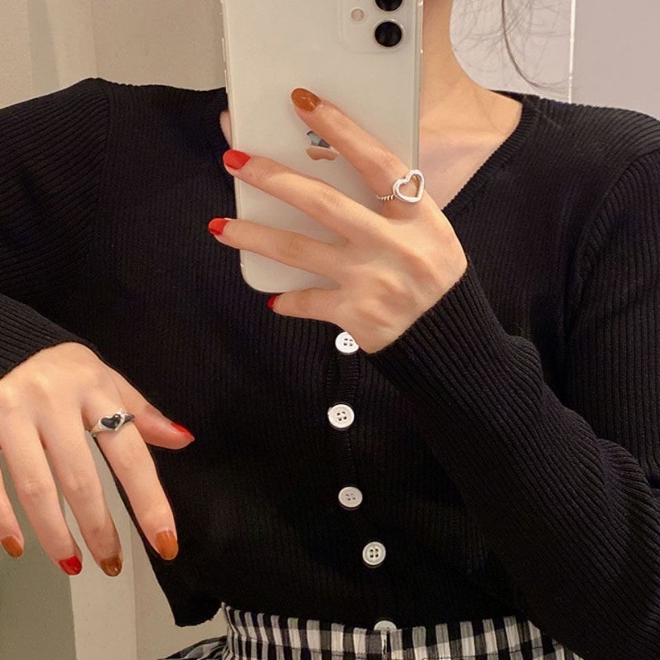 YEEZII Set Perhiasan Cincin Perak Bentuk Hati Aksen Batu Permata Hitam Gaya Retro Untuk Wanita