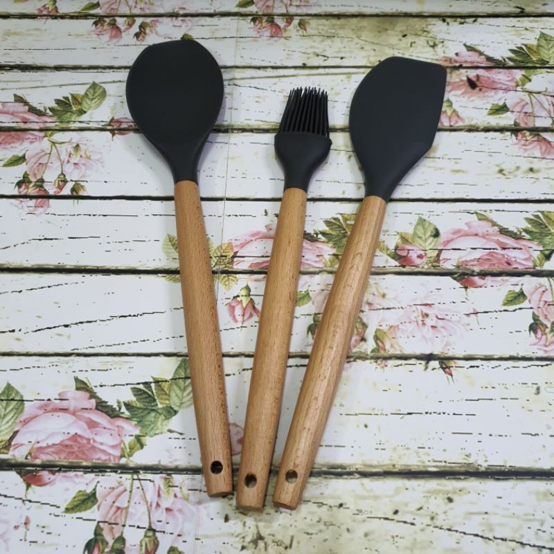 silicone cooking utensil spatula set 3pcs with wooded handle