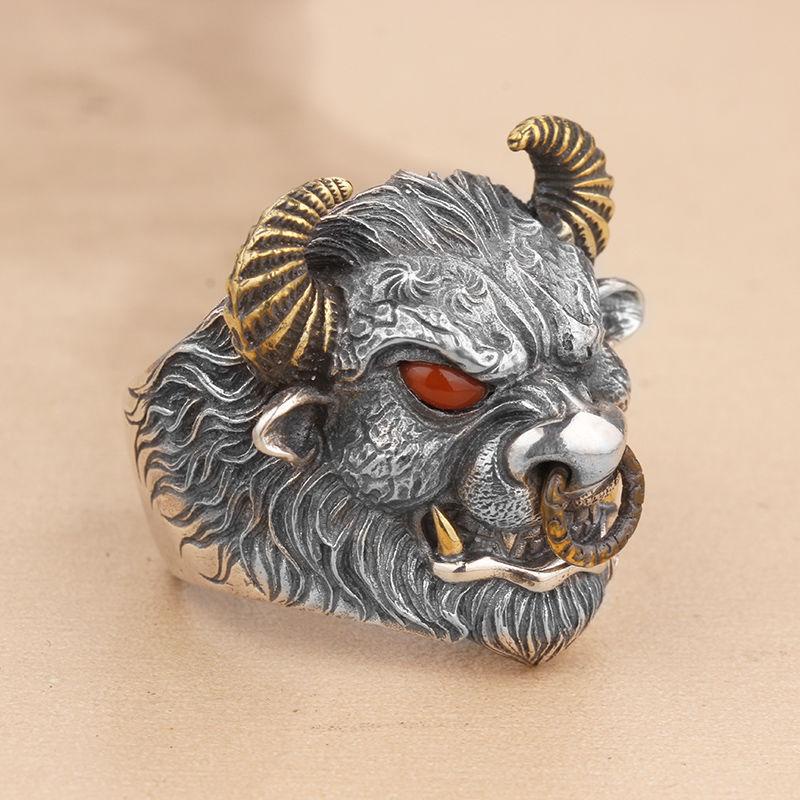 Cincin Bentuk Kepala Banteng Gaya Punk Goth Adjustable Untuk Pria