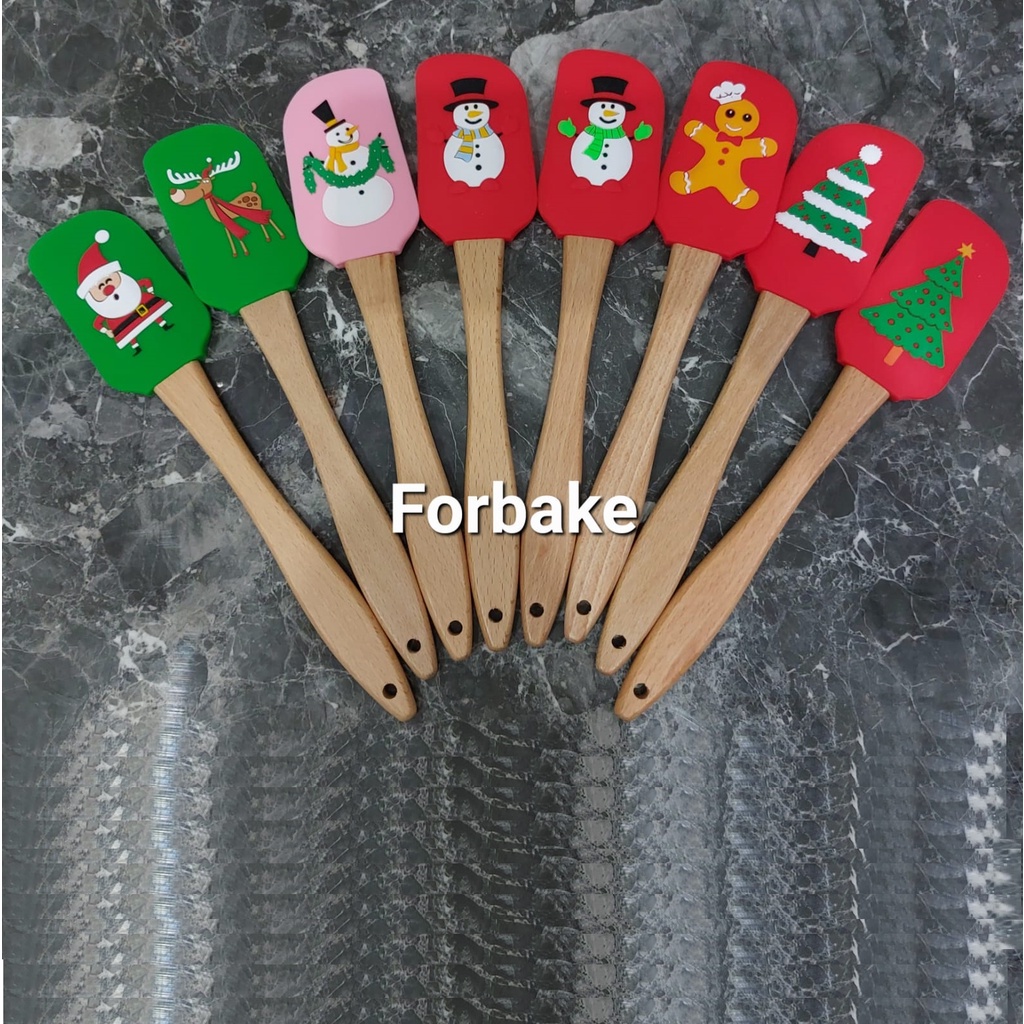 Spatula Motif Christmas Wood Handle Spatula Silikon Natal Xmas