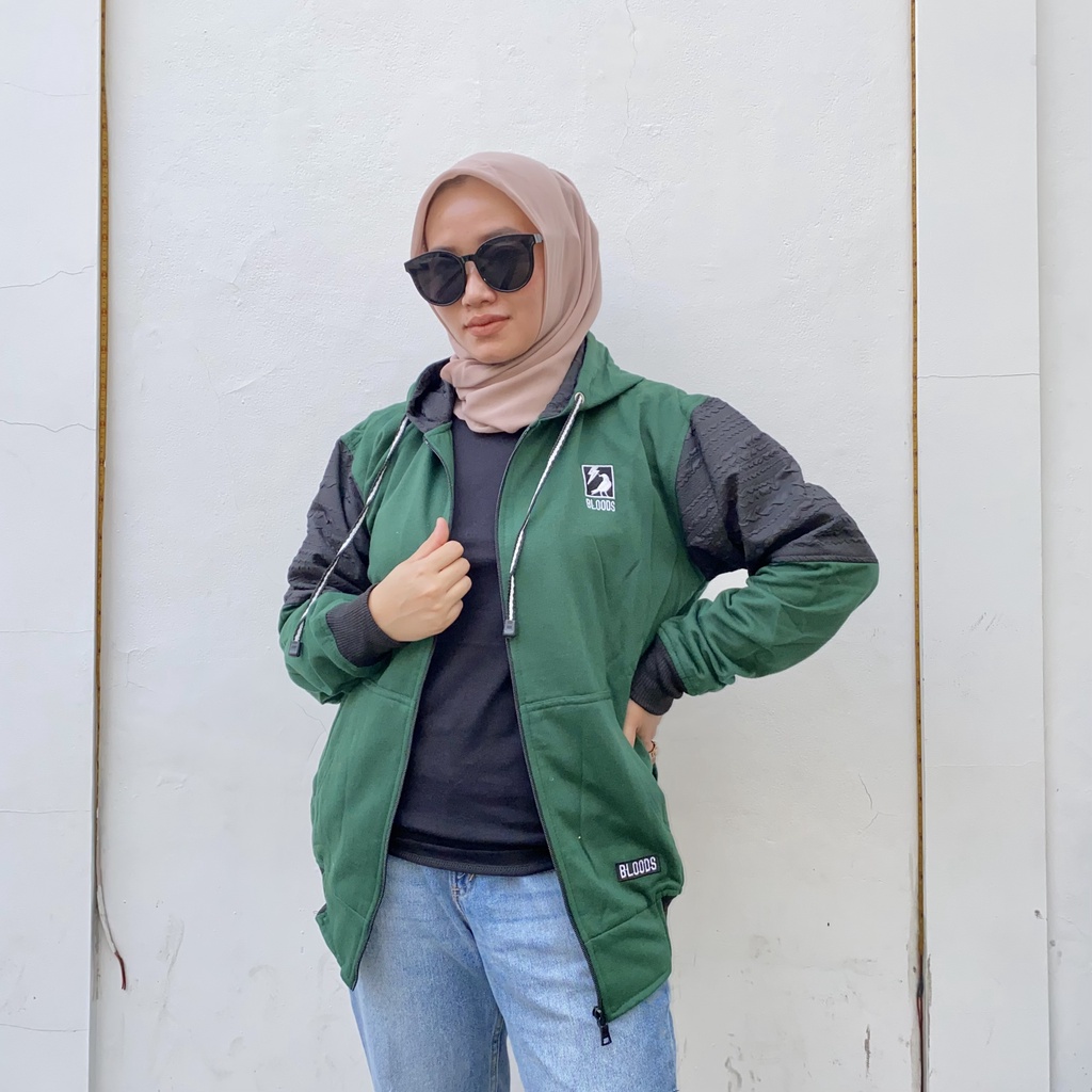 Jaket Sweater Zipper Bordir Kombinasi Qwilting EMERALD BLDS